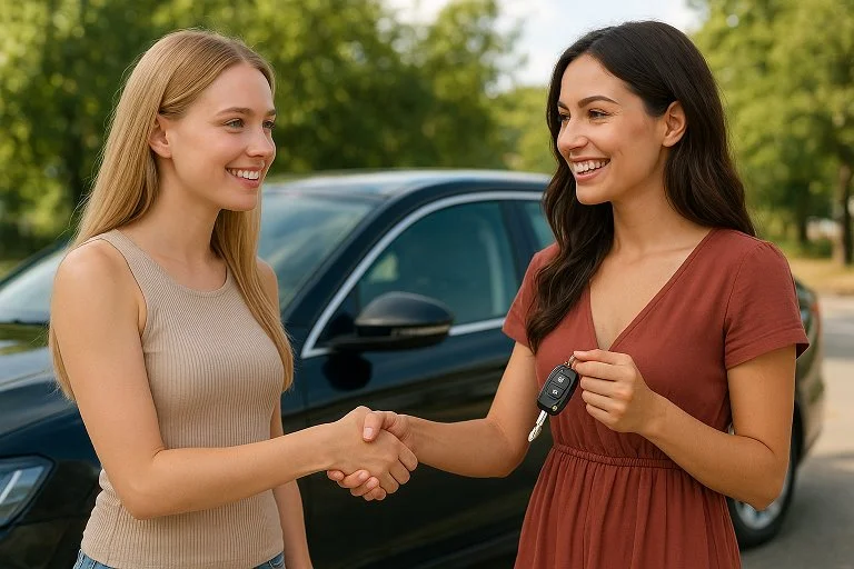 Autokaufvertrag online – Handshake zwischen Käufer und Verkäufer Autokaufvertrag online: Käufer und Verkäufer geben sich vor dem Auto die Hand