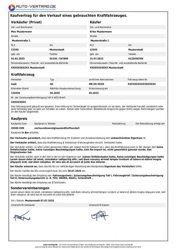 Autokaufvertrag Muster als kostenlose PDF-Vorlage für privaten Fahrzeugverkauf